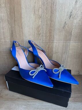 Source Unknown Cobalt Blue Satin Slingback Heels with Crystal Bow